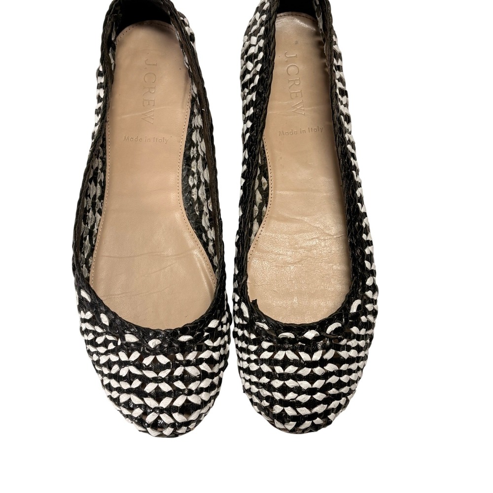 J Crew Italy Woven Leather Ballet Flats Womens 7 Black White Preppy Minimalist